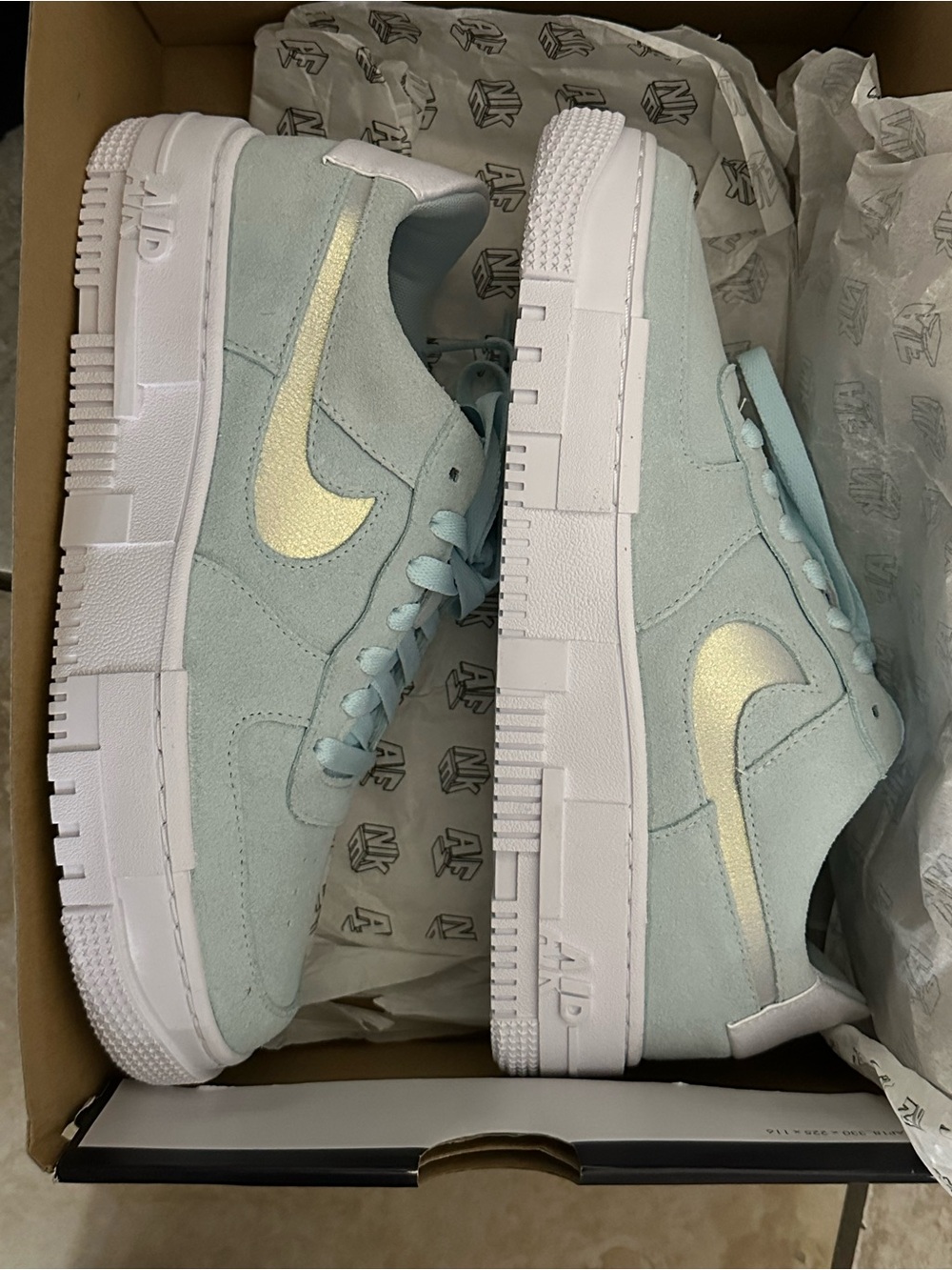 Nike Women's Low-Top Suede Sneakers in Light Mint with Iridescent Gold Swoosh